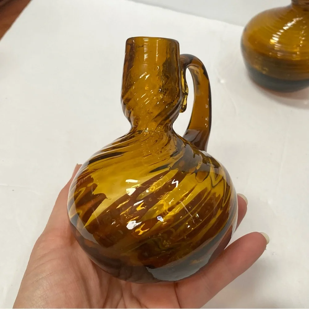 Set of 2 Vintage Root Beer Amber Swirled Glass Vase w/ applied handle